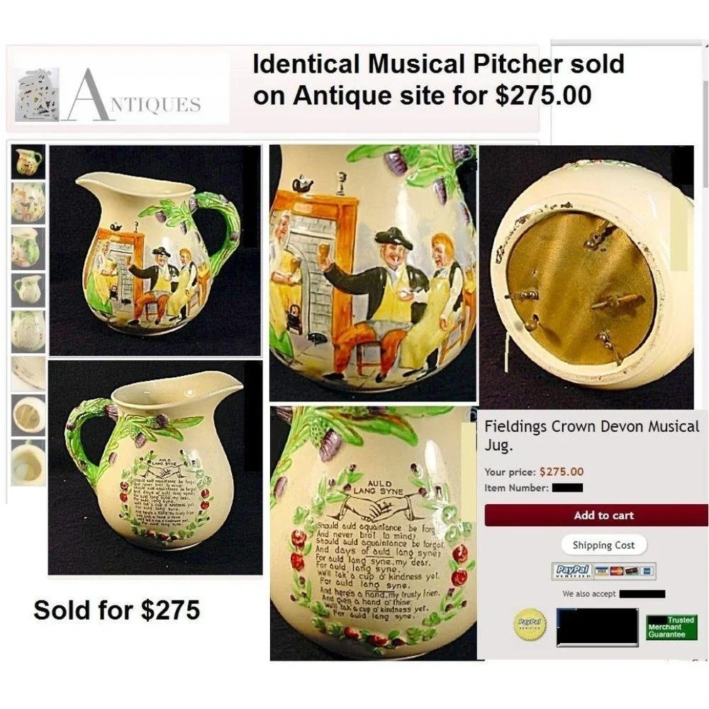 Antique Music Box Pitcher Made in England by Crown Devin Fieldings Working 1940s